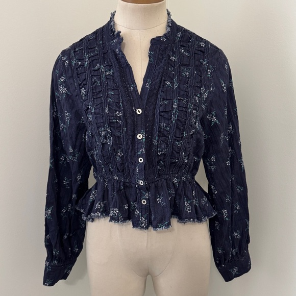 Pilcro Anthropologie Small Blue Floral Button Down Peplum Babydoll Blouse Top - Picture 2 of 9